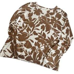 Liz Claiborne Sweater Women S Brown White Floral Button Cuff Cotton‎ Blend Knit